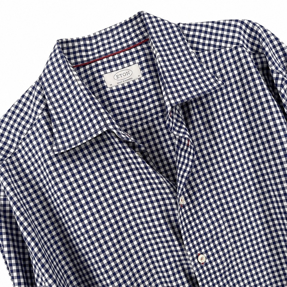 Eton Dress Shirt Men 46 18 Blue Gingham Check Oxford Cotton Long Sleeve